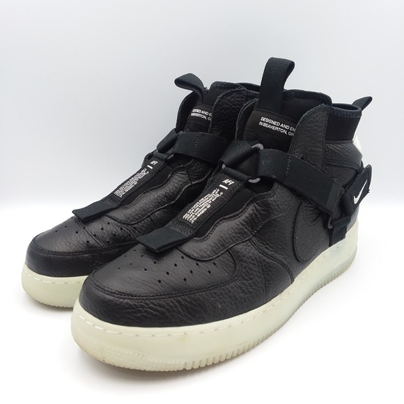 Nike Air Force 1 Mens 12 Mid Utility Black Leather Sneakers Half Blue AQ9758-001 - Picture 1 of 15